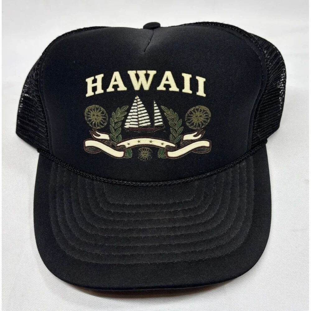 VTG 90s Hawaii Foam Rope Golf Trucker Hat Snapback Mesh Cap Nissin Black
